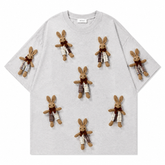 A242 - Handmade 3D Bunny Appliqué Cotton T-Shirt – Soft Artistic Casual Wear