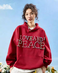 VINESU a38 - Pearl-Embellished "LOVE AND PEACE" Graphic Hoodie, Y2K Aesthetic Pullover