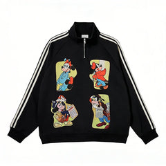 Vinesu A77 - Vintage Mickey-Inspired Half-Zip Sweatshirt | Loose Striped Raglan Top