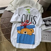 VINESU Gift Box Bear Rhinestone Letter Print White Tee | Street Style Top