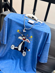 Vinesu A65 - Vintage Tweety & Sylvester Distressed Print T-Shirt | Loose Casual Spring/Summer Top (230GSM 100% Cotton)