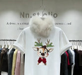 VINESU A02 - Reindeer Rhinestone & Bead Embellished 220g Cotton Tee
