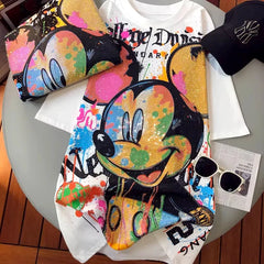 VINESU MK06 - Full Rhinestone Graffiti Mickey Oversized Cotton Tee