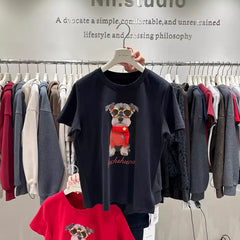 VINESU A50 220GSM Cotton Schnauzer Graphic Tee | Rhinestone Embellished Dog Print T-Shirt