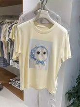 A125 - 220g Heavyweight Cotton Kawaii Cat Graphic T-Shirt - 3D Hand-Crocheted & Beaded Bandana Detail - Premium Boutique Aesthetic Tee