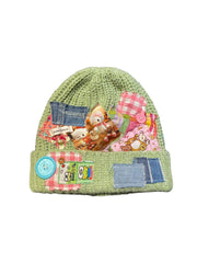 Vinesu H12 - Avocado Green Handmade Patchwork Knit Beanie | Vintage-Inspired Cartoon One-of-a-Kind Winter Hat