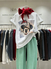 VINESU A11 - Vintage Mouse Art Tee with Hand-Embellished Rhinestones