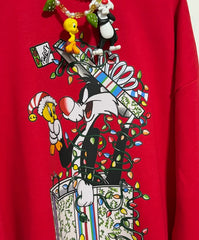 Vinesu A63 - Christmas Limited Edition Tweety & Sylvester Print Crewneck Sweatshirt | Red Loose Casual Fall/Winter Top