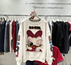 VINESU Y201 Vintage Washed Patchwork Sweatshirt - Heavy Detail Graphic Top