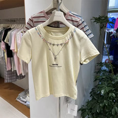 A126 - 220g Heavyweight Cotton T-Shirt with Pre-Layered Beaded Necklace Design - Brilliant Summer Collection Boutique Tee (Available in 4 Colors)