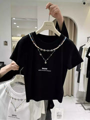 A126 - 220g Heavyweight Cotton T-Shirt with Pre-Layered Beaded Necklace Design - Brilliant Summer Collection Boutique Tee (Available in 4 Colors)