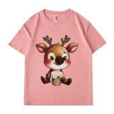 VINESU Y451 - 3D Beaded Reindeer Vintage Washed Short Sleeve Tee