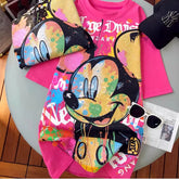 VINESU MK06 - Full Rhinestone Graffiti Mickey Oversized Cotton Tee