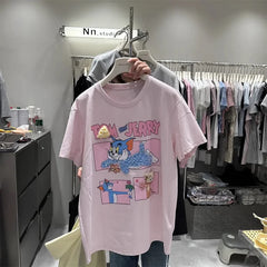 Artisan Tom & Jerry 3D Embellished Tee | Hand-Beaded Crystal Tom & Plush Jerry | 220g Premium Structured Cotton