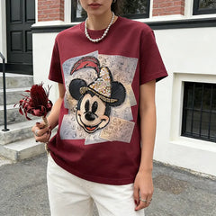 VINESU A11 - Vintage Mouse Art Tee with Hand-Embellished Rhinestones