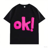 VINESU OK! Letter 3D - Decorated White T-shirts 💗 Unlock Casual Trendy Vibe-Pink