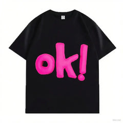 VINESU OK! Letter 3D - Decorated White T-shirts 💗 Unlock Casual Trendy Vibe-Pink