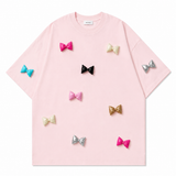 A243 - Handcrafted 3D Bow Accent Cotton Tee – Color Pop Statement T-Shirt