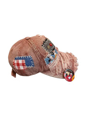 Vinesu H9 - Handmade Reworked Mickey&Minnie Patchwork Cap | One-of-a-Kind Distressed Vintage Aesthetic Hat ❤Dark red