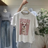 A116 - Premium 220 GSM Cotton Graphic Tee - "DOGUE" Schnauzer with Hand-Stitched Pearls & 3D Crystal Glasses