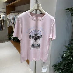 A124 - Wallace & Gromit Schnauzer Graphic T-Shirt - Floral Beret Dog Print Tee with Beaded Embroidery - Y2K Aesthetic Cotton Top