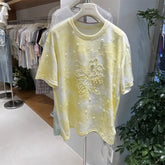 A139 - 2026 New Tie-Dye Cotton T-Shirt: Mickey Mouse Embroidery, Distressed Holes, and Hand-stitched Beadwork Flowers
