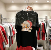 VINESU A03 - Christmas Tiger Pearl & Crystal Embellished 220g Cotton Oversized Tee