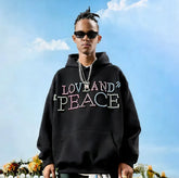 VINESU a38 - Pearl-Embellished "LOVE AND PEACE" Graphic Hoodie, Y2K Aesthetic Pullover
