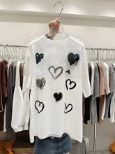 VINESU A25 - Heart Rhinestone & 3D Print Oversized Tee