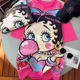 VINESU A01 - Rhinestone Betty Boop Cotton Brushed Oversized T-Shirt