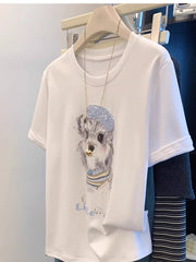 A100 - Cute Shih Tzu Graphic Tee - Women’s White 220g Premium Cotton T-Shirt with Sequin Beret