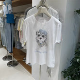 A127 - 220g Heavyweight Cotton Poodle Graphic Tee - 3D Terry Cloth Embroidery Dog & Heart Balloon T-Shirt - Premium Boutique Summer Top