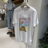 A128 - Premium 220g Cotton Graphic Tee – Cute "See You Hello" Duck with 3D Beaded Crown & Embroidery – Oversized Casual Streetwear