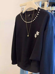 VINESU A42 Women’s Oversized Pearl Embellished Crewneck Sweatshirt | Floral Accent Casual Top
