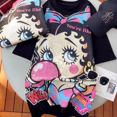 VINESU A01 - Rhinestone Betty Boop Cotton Brushed Oversized T-Shirt