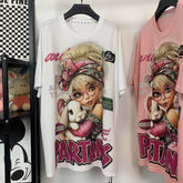 R3 - Heavyweight 320g Pure Cotton T-Shirt - Sparkling Full Rhinestone Cute Girl & Bunny Graphic Oversized Tee