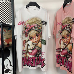 R3 - Heavyweight 320g Pure Cotton T-Shirt - Sparkling Full Rhinestone Cute Girl & Bunny Graphic Oversized Tee