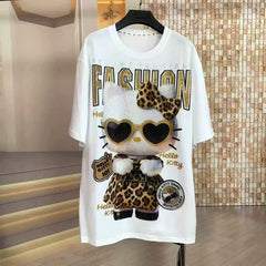 Hello Kitty Rhinestone Oversized T-Shirt | Leopard Bow Statement Tee