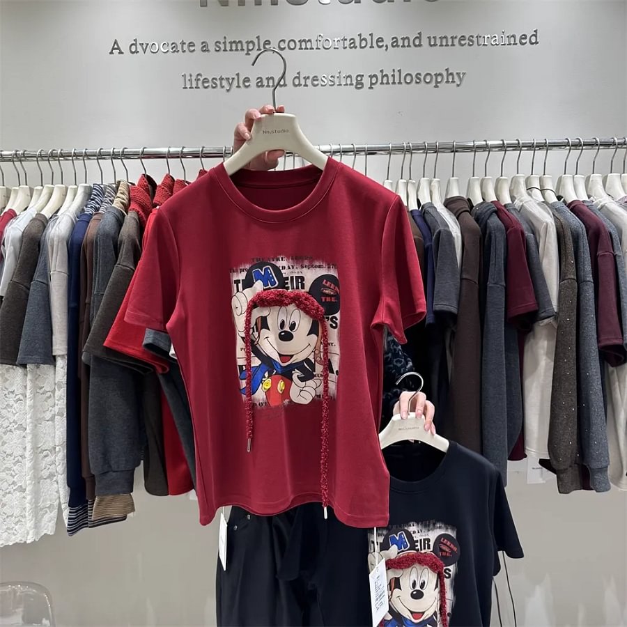 VINESU 100% Cotton Tee - 3D Exquisite Ornament - Vintage Retro Cartoon Top