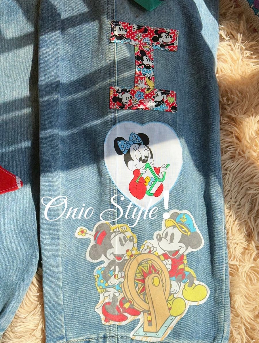 Vinesu A58 - Handmade Retro Mickey Patchwork Wide-Leg Jeans | 90s Nostalgia Custom Denim (No Belt Included)