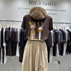 A105 - 220g Heavyweight Cotton Creative 3D Cat Graphic T-Shirt with Handmade Beaded Glasses & Bowtie - Premium Loose Fit Tee