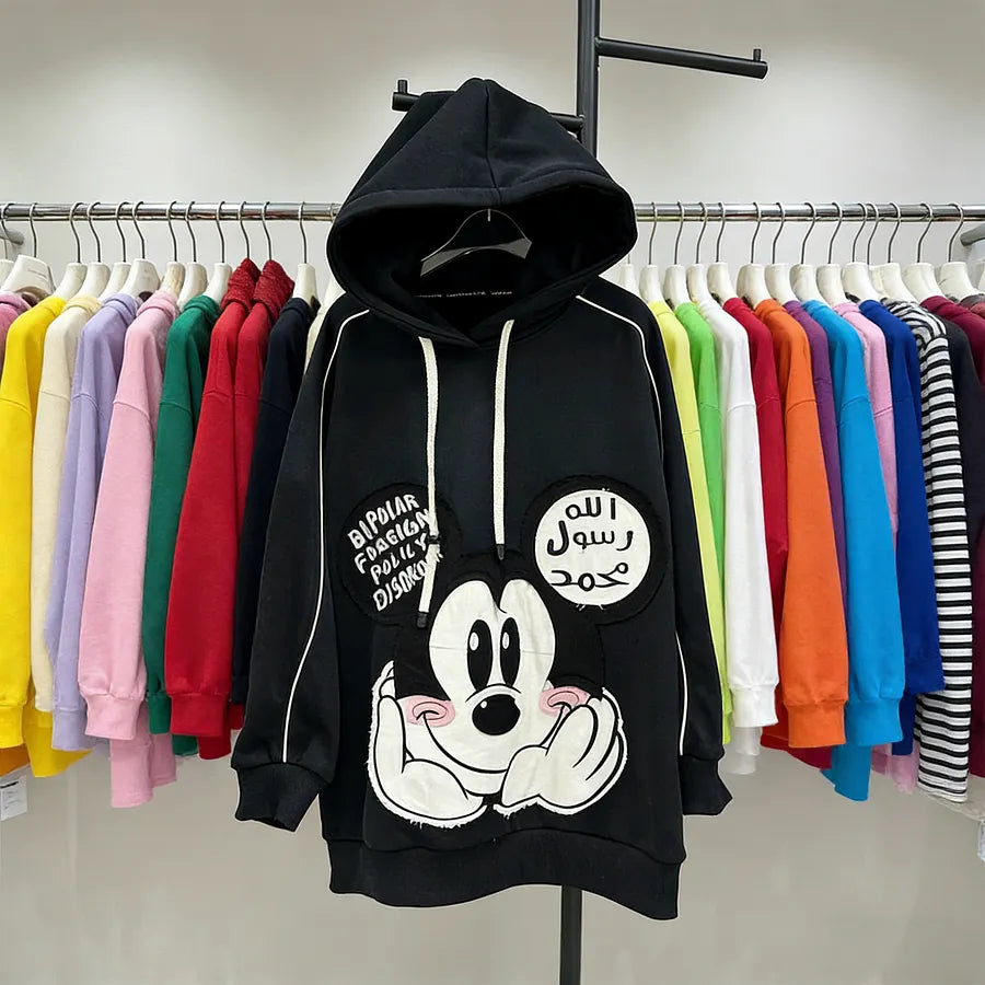 VINESU Y204 - Oversized Cartoon Mouse Hoodie | Handmade Patchwork Graphic Sweatshirt (3 Colors)
