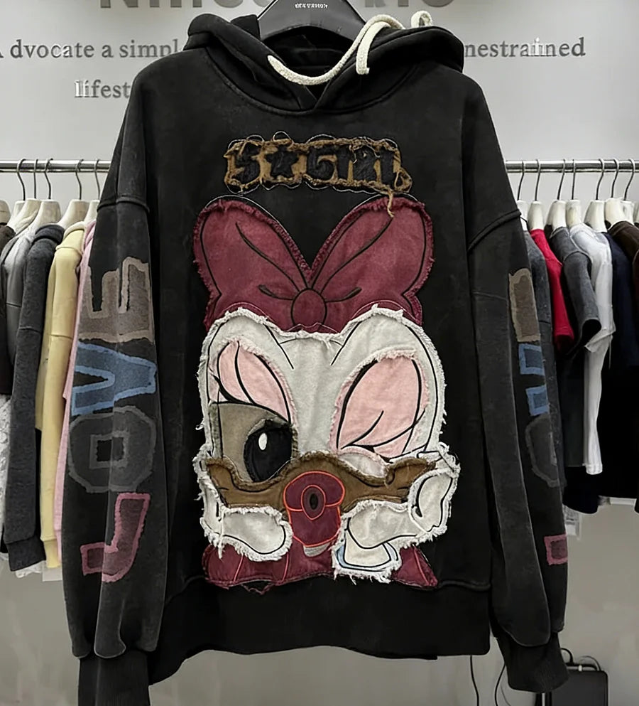 VINESU Y202 - Vintage Wash Daisy Duck Distressed Patchwork Hoodie