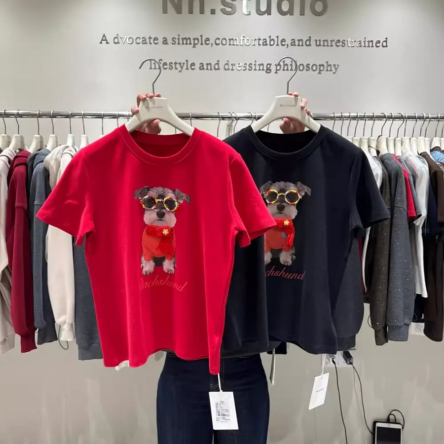 VINESU A50 220GSM Cotton Schnauzer Graphic Tee | Rhinestone Embellished Dog Print T-Shirt