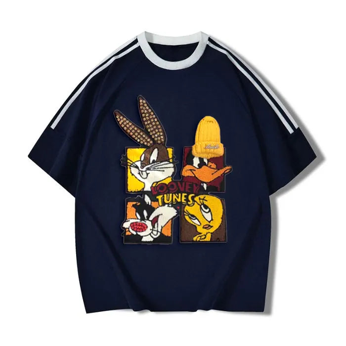 VINESU Looney Tunes 3D Accent Striped-Trim Tee | Retro Streetwear Staple