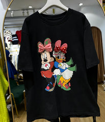 VINESU A53 - Oversized Cartoon Besties Graphic Tee （Minnie & Daisy）