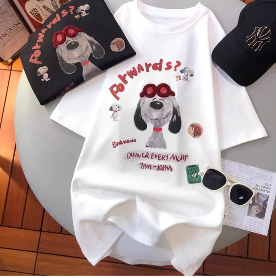 A145 - Hand-Embroidered Snoopy Outline T-Shirt - 220g Premium Heavyweight Cotton