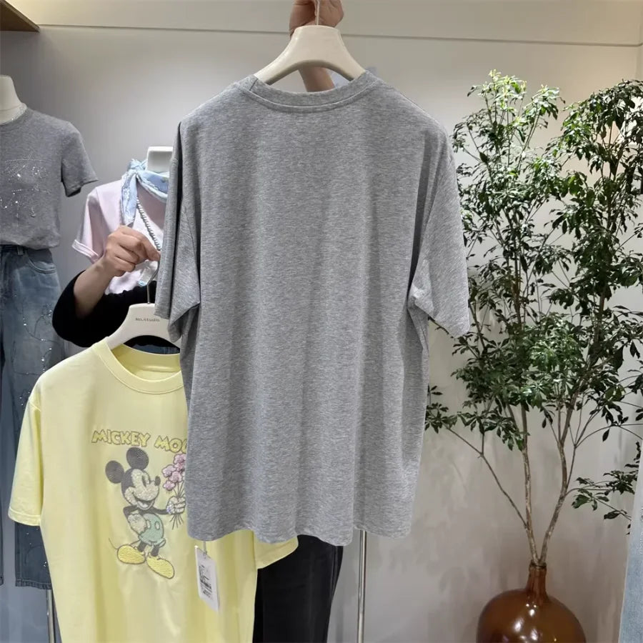 A138 - 2026 New Versatile Cotton Short Sleeve T-Shirt: Mickey Embroidery, Sequins, and 3D Flower Details