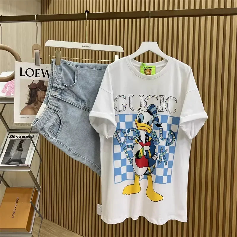 A99 - Luxury Sparkling Donald Duck Sequin Graphic T-Shirt - 220g Premium Breathable Cotton - Hand-Embellished Crystal Bead Embroidery