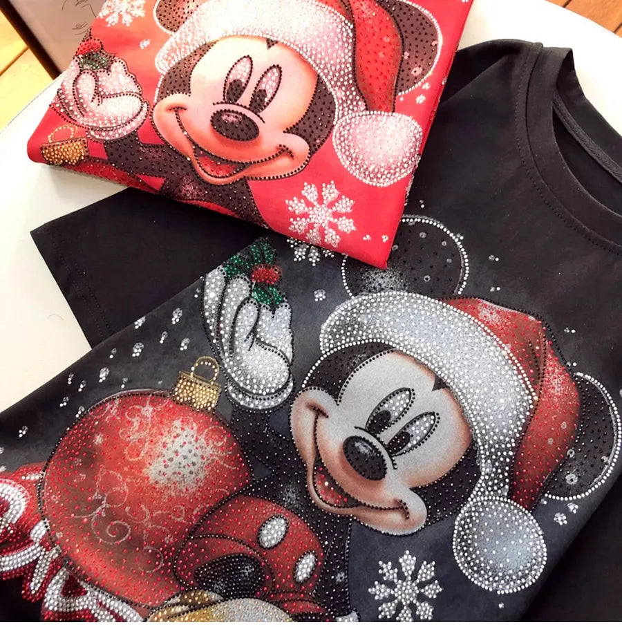 VINESU A08 - New Arrival Christmas Mouse Rhinestone Oversized Tee